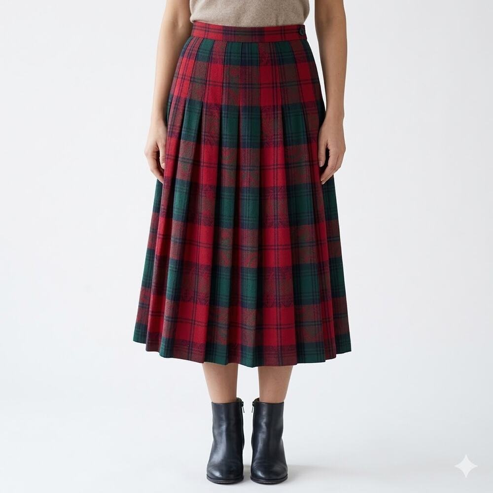 Vintage Pendleton Red Green Plaid Skirt Preppy Pleated 100% Wool Sz 8 Collegiate